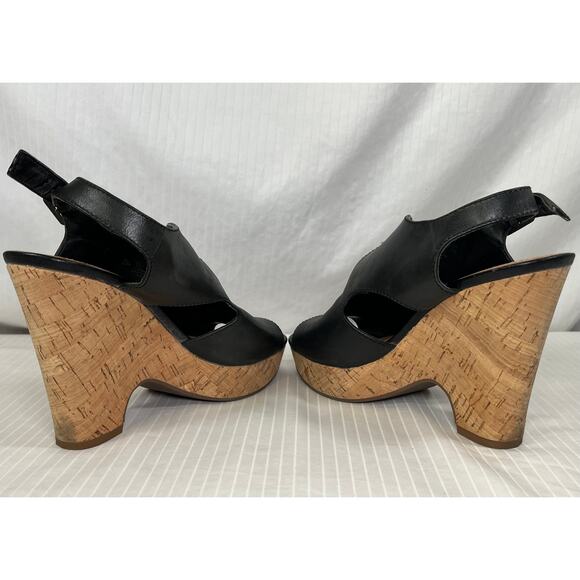 Franco Sarto Black Leather Peep Toe Cork Wedge Sandal Reg Size 6.5 - Picture 5 of 8